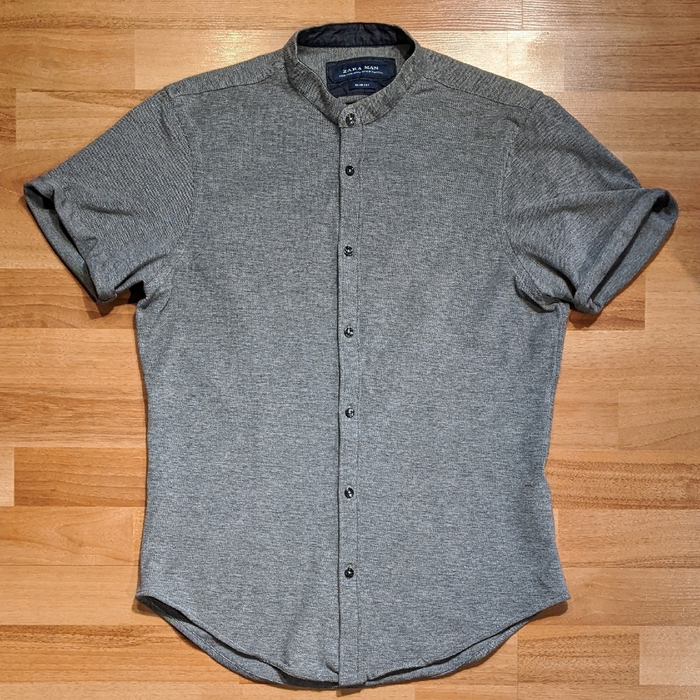 Zara Gray Casual Mandarin Collar Button Down Shirt with Textured Fabric